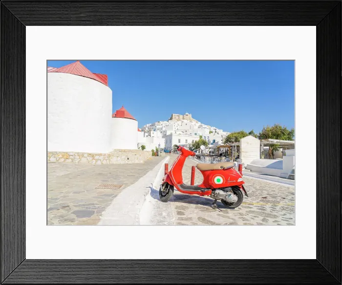 Framed Print : Moped by the Windmills and Castle of Astypalaia, Chora, Astypalaia, Dodecanese, Greek Islands, Greece Framed Print : Moped by the Windmills and Castle of Astypalaia, Chora, Astypalaia, Dodecanese, Greek Islands, Greece