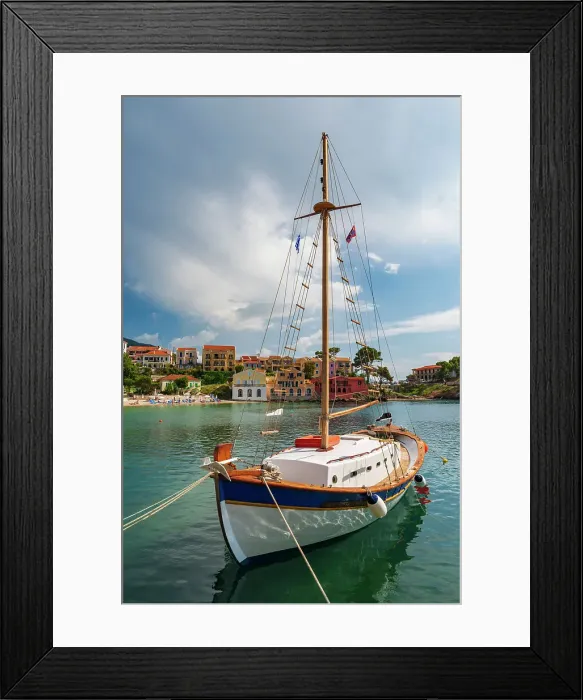 Framed Print : Traditional Greek sailing boat in the harbour village of Asos, Kefalonia, Ionian Islands, Greece. Summer (June) 2023 Framed Print : Traditional Greek sailing boat in the harbour village of Asos, Kefalonia, Ionian Islands, Greece. Summer (June) 2023