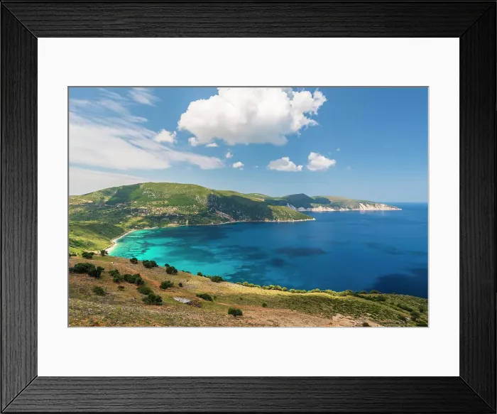Framed Print : Agia Kiriaki Beach and coastal views on the west coast of Kefalonia, Ionian Islands, Greece. Summer (June) 2023