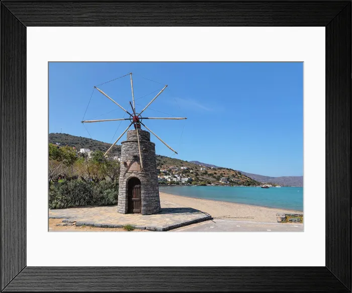 Framed Print : Windmill at the beach of Elounda, Mirabello Gulf, Lasithi, Crete, Greece Framed Print : Windmill at the beach of Elounda, Mirabello Gulf, Lasithi, Crete, Greece