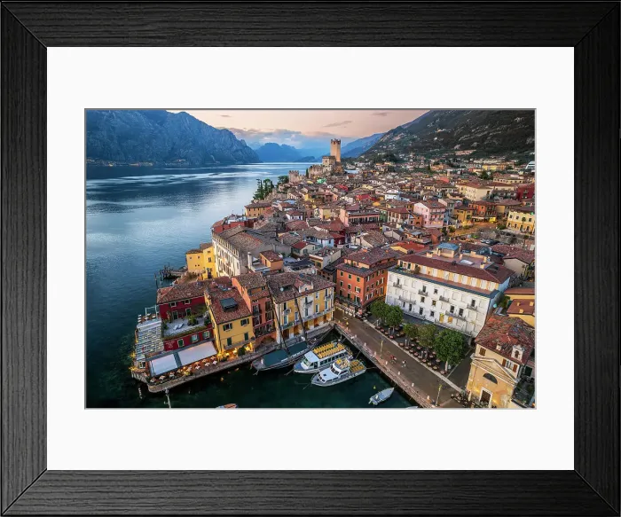 Framed Print : Aerial sunset view of Malcesine, Lake Garda, Veneto, Italy Framed Print : Aerial sunset view of Malcesine, Lake Garda, Veneto, Italy