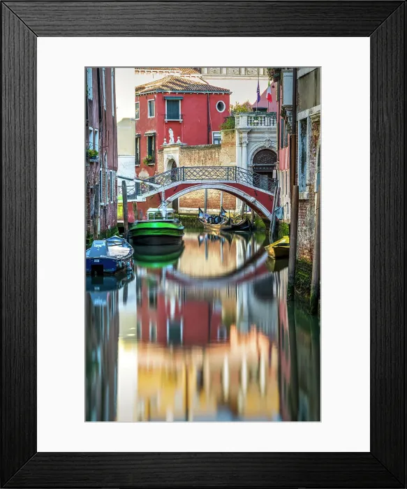 Framed Print : Scenic water canal with bridge reflected, Venice, Veneto, Italy