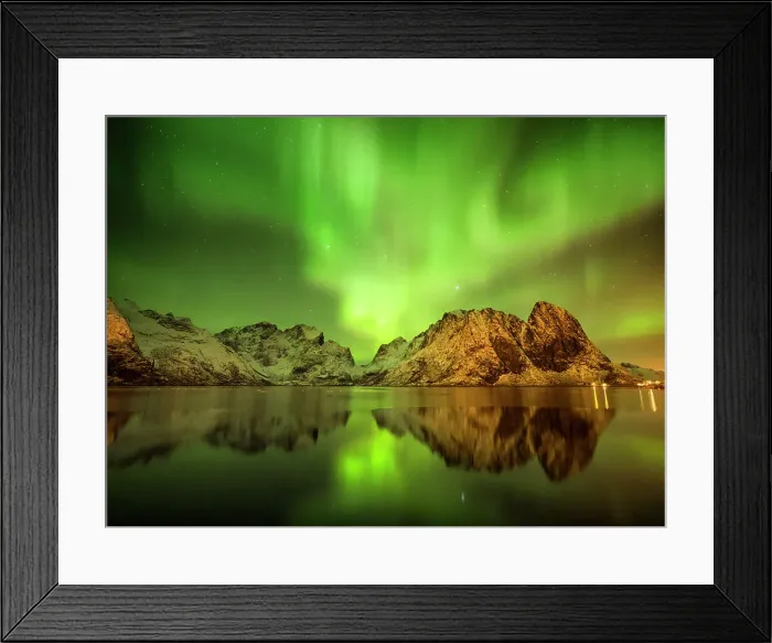 Framed Print : Aurora Reflecting in Fjord, Hamnoy, Lofoten Islands, Norway Framed Print : Aurora Reflecting in Fjord, Hamnoy, Lofoten Islands, Norway