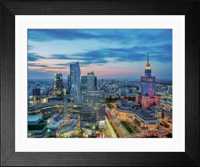 Framed Print : Palace of Culture and Science and City Centre Skyline at dusk, elevated view, Warsaw, Masovian Voivodeship, Poland Framed Print : Palace of Culture and Science and City Centre Skyline at dusk, elevated view, Warsaw, Masovian Voivodeship, Poland
