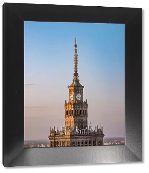 Palace of Culture and Science at sunset, detailed view, Warsaw, Masovian Voivodeship, Poland