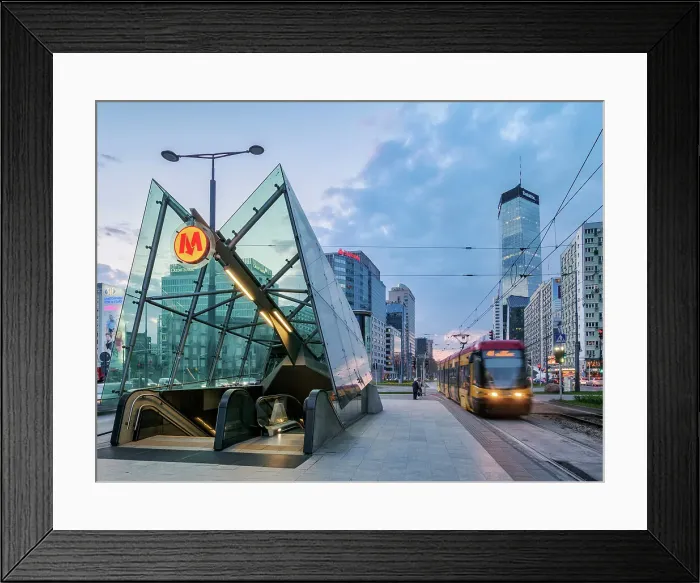 Framed Print : Tram and Metro Station Entrance at Rondo ONZ, United Nations Roundabout, dusk, Warsaw, Masovian Voivodeship, Poland Framed Print : Tram and Metro Station Entrance at Rondo ONZ, United Nations Roundabout, dusk, Warsaw, Masovian Voivodeship, Poland