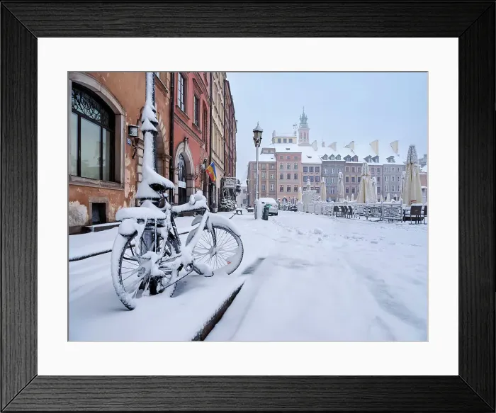 Framed Print : Snow covered bicycle at the Old Town Main Market Square, winter, Warsaw, Masovian Voivodeship, Poland Framed Print : Snow covered bicycle at the Old Town Main Market Square, winter, Warsaw, Masovian Voivodeship, Poland