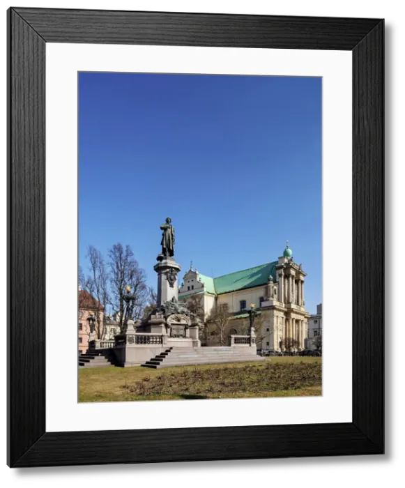 Framed Print : Monument to Adam Mickiewicz and Carmelite Church, Krakowskie Przedmiescie, Warsaw, Masovian Voivodeship, Poland