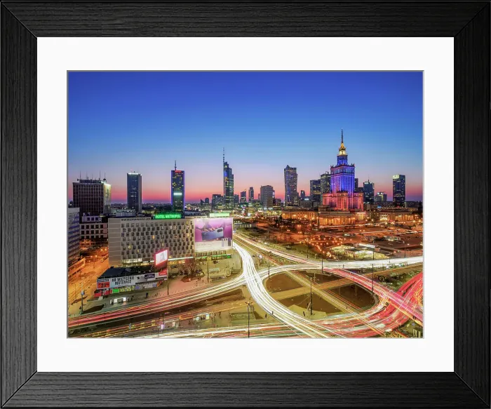 Framed Print : City Centre Skyline and Dmowski Roundabout at dusk, elevated view, Warsaw, Masovian Voivodeship, Poland Framed Print : City Centre Skyline and Dmowski Roundabout at dusk, elevated view, Warsaw, Masovian Voivodeship, Poland