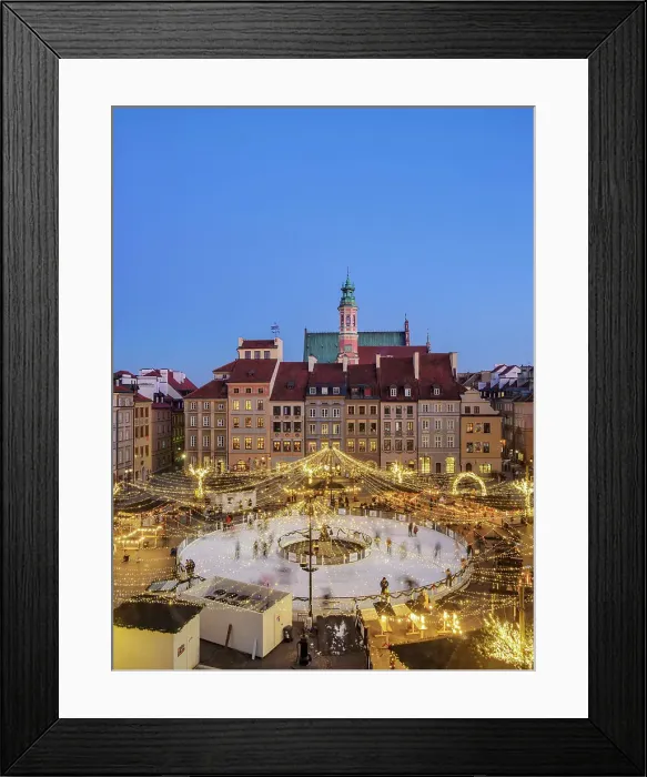 Framed Print : Ice Skating Rink at dusk, elevated view, Old Town Main Market Square, Warsaw, Masovian Voivodeship, Poland