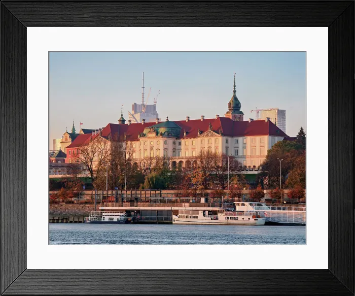 Framed Print : View over River Vistula towards the Royal Castle at sunrise, Warsaw, Masovian Voivodeship, Poland