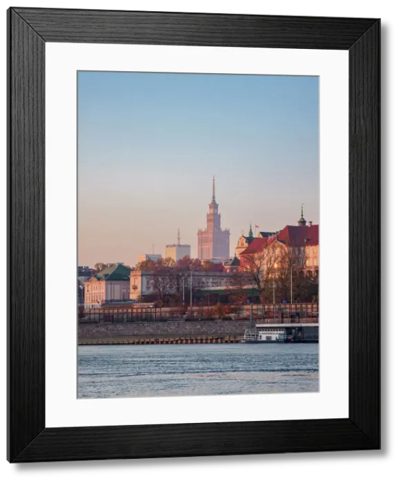 Framed Print : View over River Vistula towards Palace of Culture and Science at sunrise, Warsaw, Masovian Voivodeship, Poland
