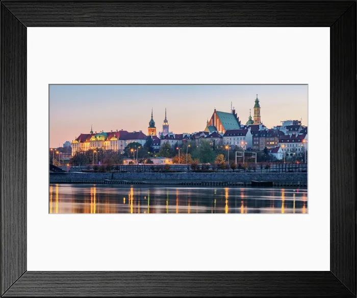 Framed Print : View over River Vistula towards The Old Town and Royal Castle at dusk, Warsaw, Masovian Voivodeship, Poland