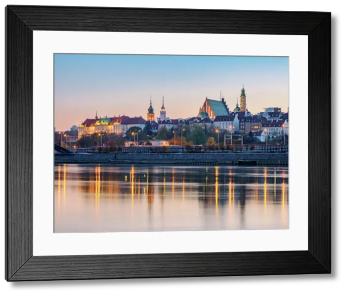 Framed Print : View over River Vistula towards The Old Town and Royal Castle at dusk, Warsaw, Masovian Voivodeship, Poland