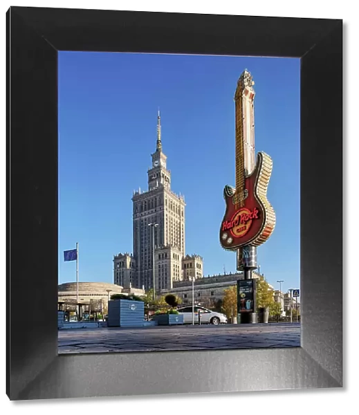 Palace of Culture and Science and Hard Rock Cafe Guitar, Warsaw, Masovian Voivodeship, Poland