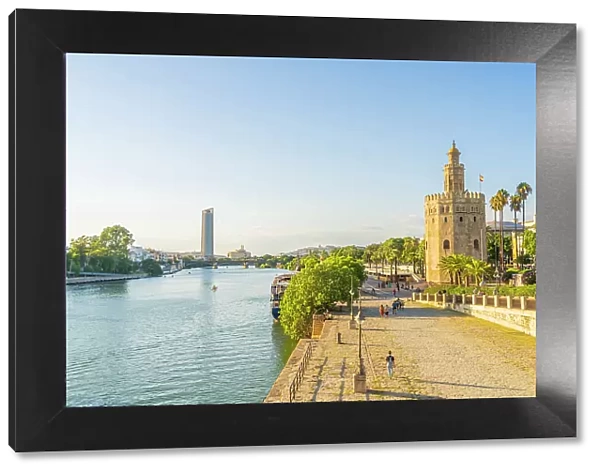 Torre del Oro and Sevilla Towerin the background, Seville, Andalusia, Spain