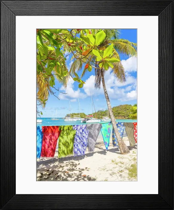 Framed Print : Sarongs for sale on Salt Whistle bay Beach, Mayreau Island in the Tobago Cays in the Grenadines Islands, Saint Vincent and the Grenadines, Caribbean Framed Print : Sarongs for sale on Salt Whistle bay Beach, Mayreau Island in the Tobago Cays in the Grenadines Islands, Saint Vincent and the Grenadines, Caribbean
