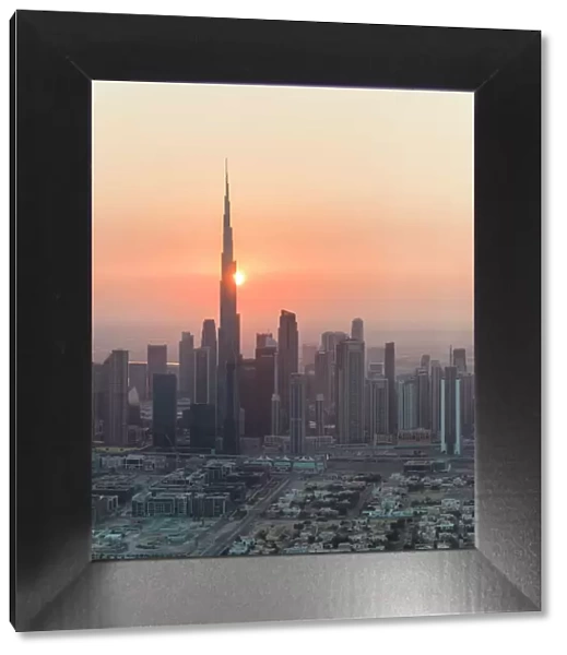 Aerial view of sunrise over Dubai, United Arab Emirates