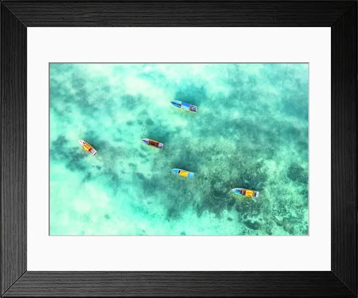Framed Print : Fishing boats moored in the exotic lagoon, overhead view, Zanzibar, Tanzania Framed Print : Fishing boats moored in the exotic lagoon, overhead view, Zanzibar, Tanzania