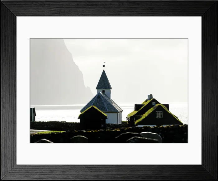 Framed Print : Grass roof houses and old church of Vidareidi, Vidoy Island, Faroe Islands Framed Print : Grass roof houses and old church of Vidareidi, Vidoy Island, Faroe Islands