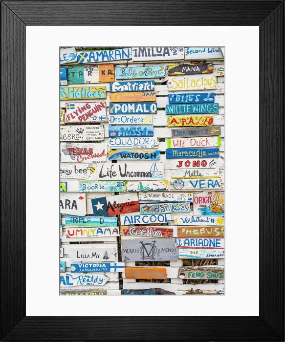 Framed Print : Wooden plaques of visiting boats to the Paradise Beach Club, Carriacou Island, Grenada, Caribbean Framed Print : Wooden plaques of visiting boats to the Paradise Beach Club, Carriacou Island, Grenada, Caribbean