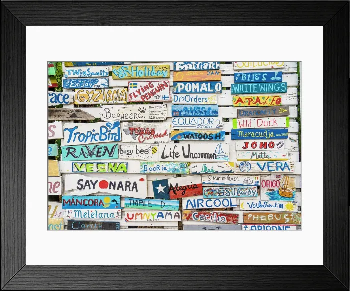Framed Print : Wooden plaques of visiting boats to the Paradise Beach Club, Carriacou Island, Grenada, Caribbean Framed Print : Wooden plaques of visiting boats to the Paradise Beach Club, Carriacou Island, Grenada, Caribbean