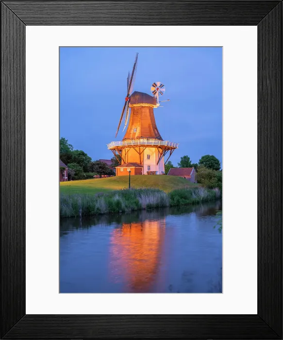 Framed Print : Twinmills of Greetsiel at dusk, Krummhorn, East Frisia, Lower Saxony, Germany