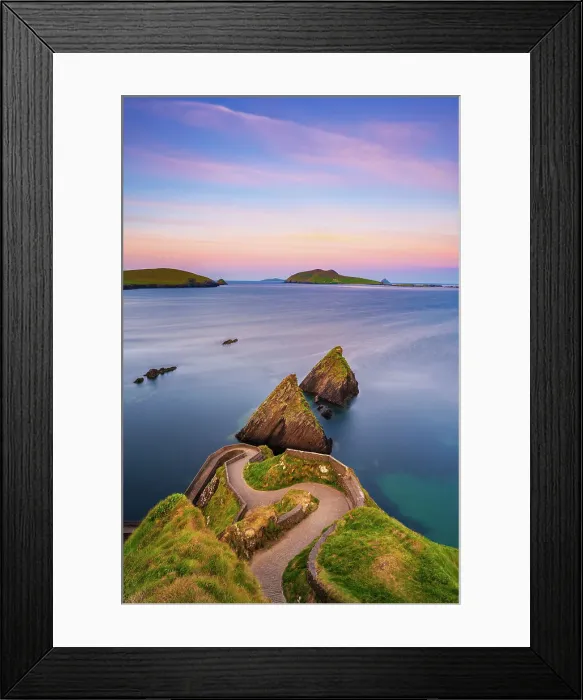 Framed Print : Ireland, Co. Kerry, Dingle, Slea Head, Dunquin Pier towards Blasket Islands at dusk Framed Print : Ireland, Co. Kerry, Dingle, Slea Head, Dunquin Pier towards Blasket Islands at dusk