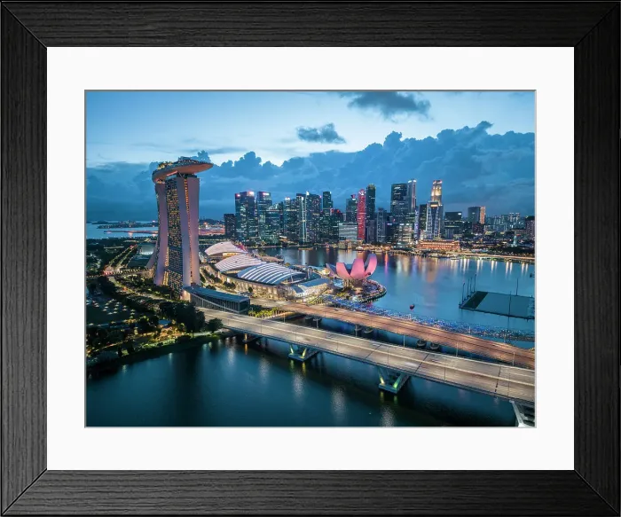 Framed Print : Aerial view of Marina Bay Sands and Singapore City Harbour at night, Singapore, Asia Framed Print : Aerial view of Marina Bay Sands and Singapore City Harbour at night, Singapore, Asia
