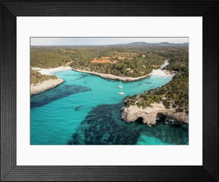 Framed Print : Spain, Balearic Islands, Mallorca, Santany, Elevated view of Mondrago beach