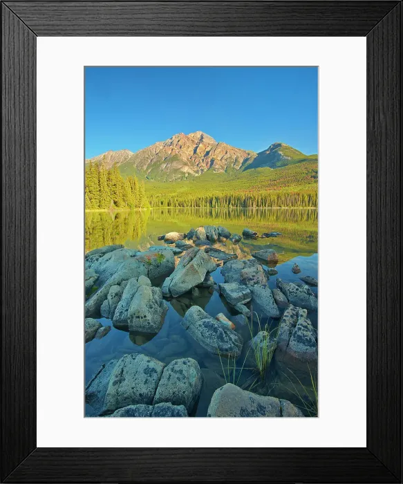 Framed Print : Pyramid Mountain and Pyramid Lake at sunrise, Jasper National Park, Alberta, Canada