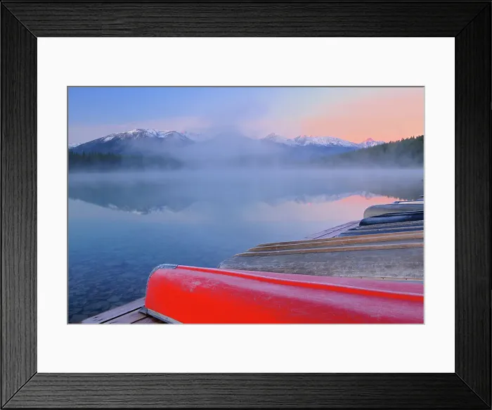 Framed Print : Canoes and Pyramid Lake in fog at dawn, Jasper National Park, Alberta, Canada Framed Print : Canoes and Pyramid Lake in fog at dawn, Jasper National Park, Alberta, Canada