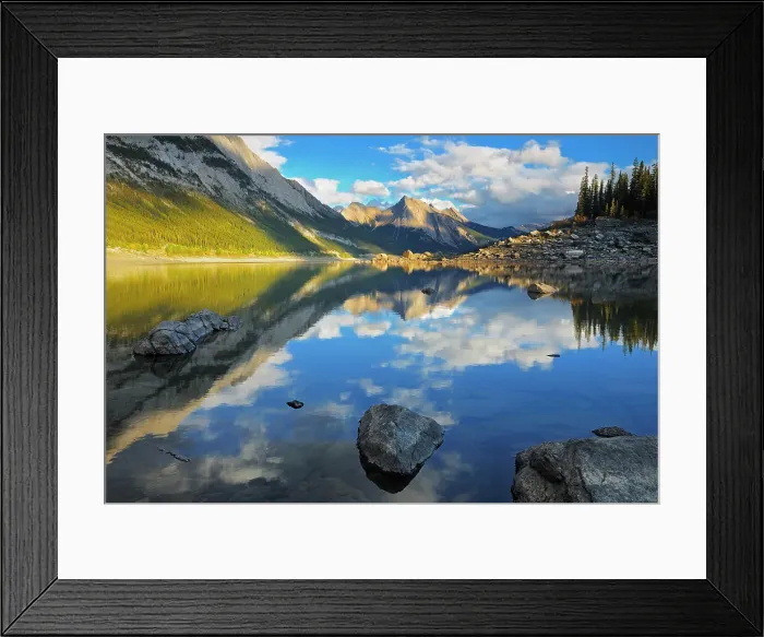 Framed Print : Rocky Mountains and Colin Ridge reflected in Medicine Lake at sunset, Jasper National Park, Alberta, Canada