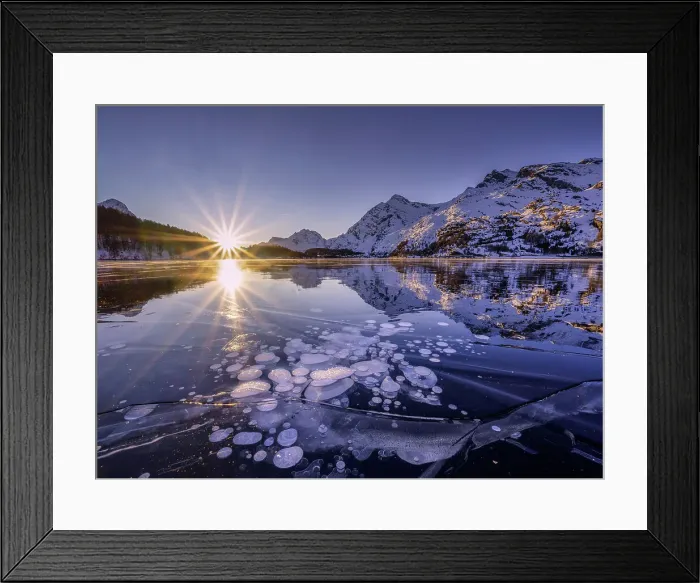 Framed Print : Ice bubbles trapped in the frozen Lake Sils, during a sunsetcanton of Graubunden, Engadine, Switzerland Framed Print : Ice bubbles trapped in the frozen Lake Sils, during a sunsetcanton of Graubunden, Engadine, Switzerland