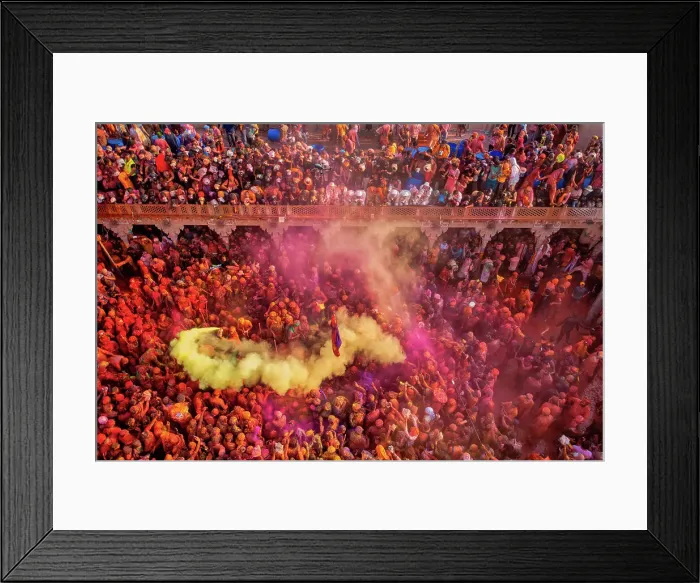 Framed Print : Aerial view of people celebrating the holy colour festival at Shri And Baba Temple, Nandgaon, Uttar Pradesh, India Framed Print : Aerial view of people celebrating the holy colour festival at Shri And Baba Temple, Nandgaon, Uttar Pradesh, India