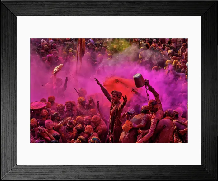 Framed Print : Aerial view of people celebrating the holy colour festival at Shri And Baba Temple, Nandgaon, Uttar Pradesh, India
