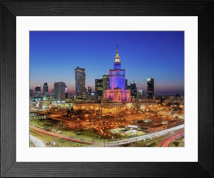 Framed Print : Palace of Culture and Science and City Centre Skyline at dusk, elevated view, Warsaw, Masovian Voivodeship, Poland Framed Print : Palace of Culture and Science and City Centre Skyline at dusk, elevated view, Warsaw, Masovian Voivodeship, Poland