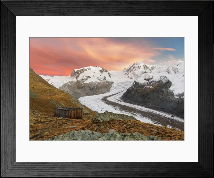 Framed Print : Gorner glacier with the Monte Rosa massif and Lyskamm peaks at dusk, Zermatt, Valais canton, Switzerland