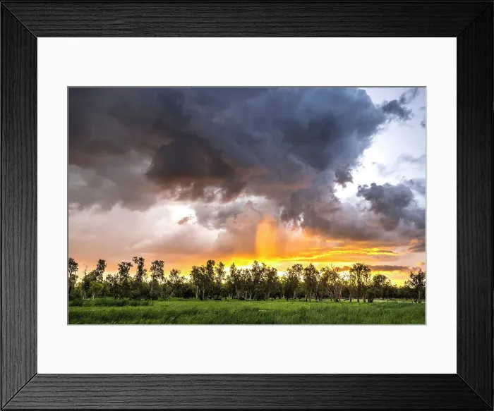 Framed Print : Rain over Swim Creek floodplain at sunset, Bamurru Plains, Northern Territory, Australia Framed Print : Rain over Swim Creek floodplain at sunset, Bamurru Plains, Northern Territory, Australia
