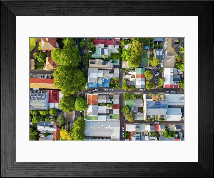 Framed Print : Aerial of houses in the Sydney suburb of Redfern, New South Wales, Australia Framed Print : Aerial of houses in the Sydney suburb of Redfern, New South Wales, Australia