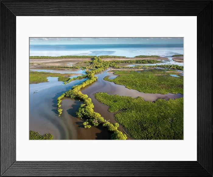 Framed Print : Aerial of floodplain meeting the ocean, Bamurru Plains, Northern Territory, Australia