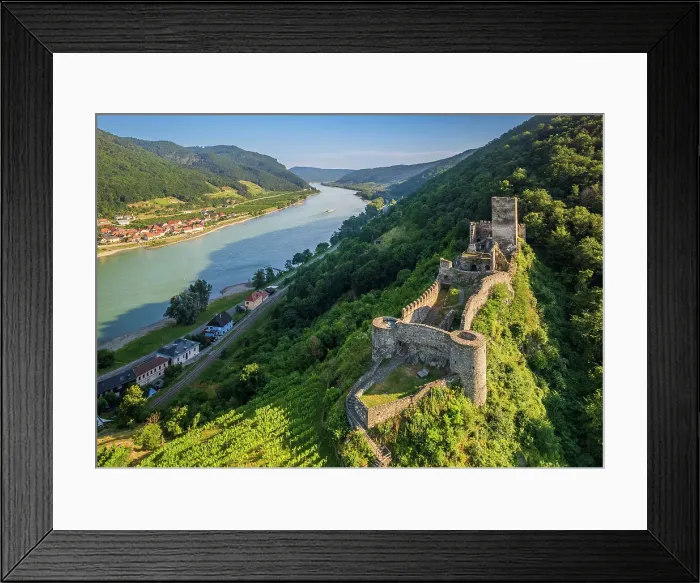 Framed Print : Scenic aerial view of Hinterhaus castle and Danube river, Spitz, Lower Austria, Austria Framed Print : Scenic aerial view of Hinterhaus castle and Danube river, Spitz, Lower Austria, Austria