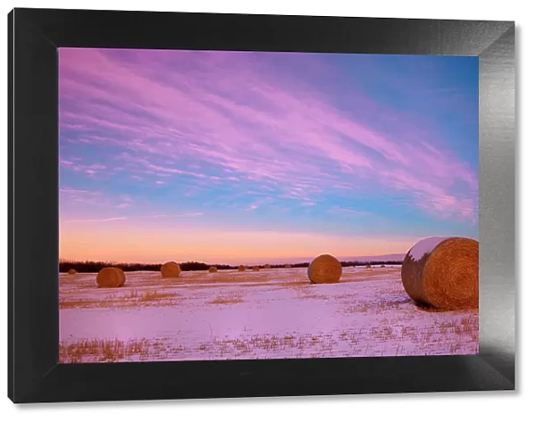 Bales and clouds at sunset Stony Plain, Alberta, Canada