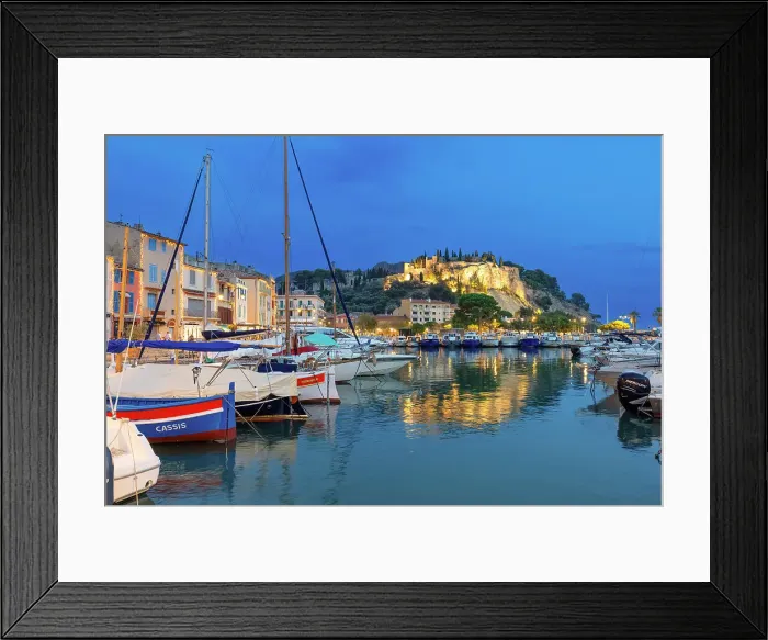 Framed Print : Cassis harbour and chateau at dusk, Bouches-du-Rhone, Provence-Alpes-Cote d'Azur, France