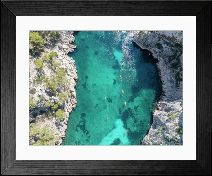 Framed Print : Canoeing in the Calanque d'en Vau, Bouches-du-Rhone, Provence-Alpes-Cote d'Azur, France