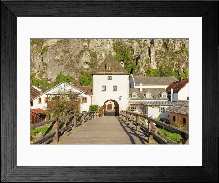 Framed Print : Bridge with bridge tower, Essing, Altmuhltal Nature Park, Lower Bavaria, Germany