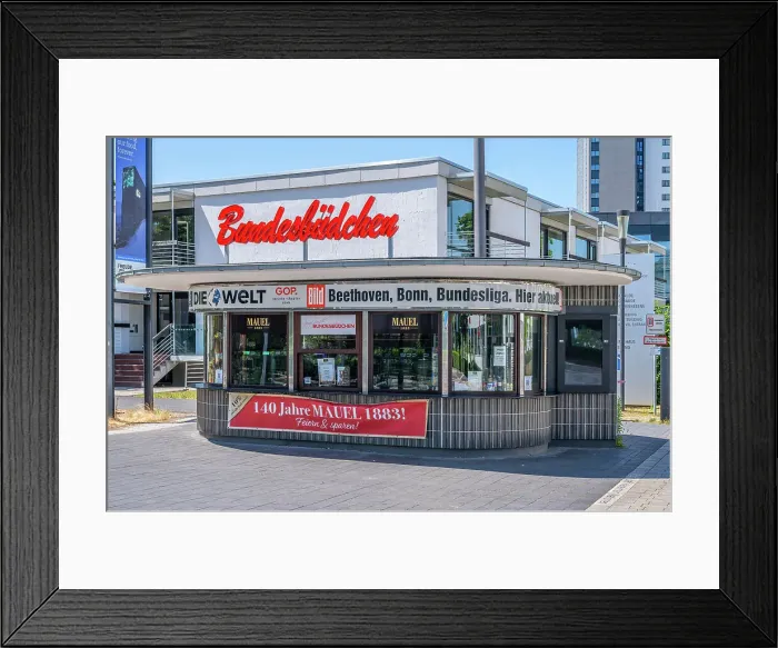 Framed Print : The Bundesbudchen, 67 year-old famous kiosk in the government area of Bonn where many well-known politicians bought their meals, North Rhine-Westphalia, Germany Framed Print : The Bundesbudchen, 67 year-old famous kiosk in the government area of Bonn where many well-known politicians bought their meals, North Rhine-Westphalia, Germany
