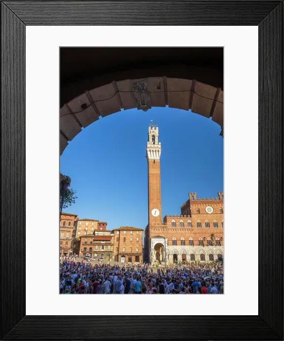 Framed Print : Italy, Tuscany, Siena, torre del mangia, the tower of the town hall and the piazza del campo on the extraction day of the Palio Framed Print : Italy, Tuscany, Siena, torre del mangia, the tower of the town hall and the piazza del campo on the extraction day of the Palio