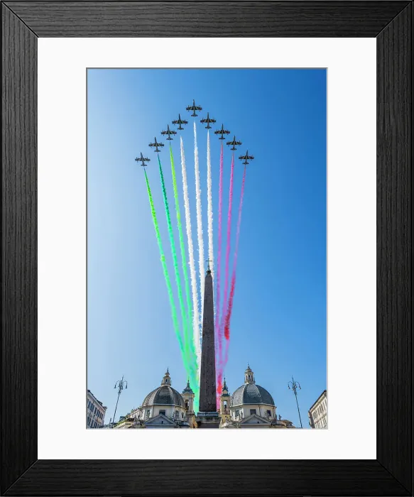 Framed Print : The Frecce Tricolori aerobatic team flying over Piazza del Popolo with smoke trails representing the national colours of Italy during the celebrations of Italian National Day in Rome, Lazio, Italy