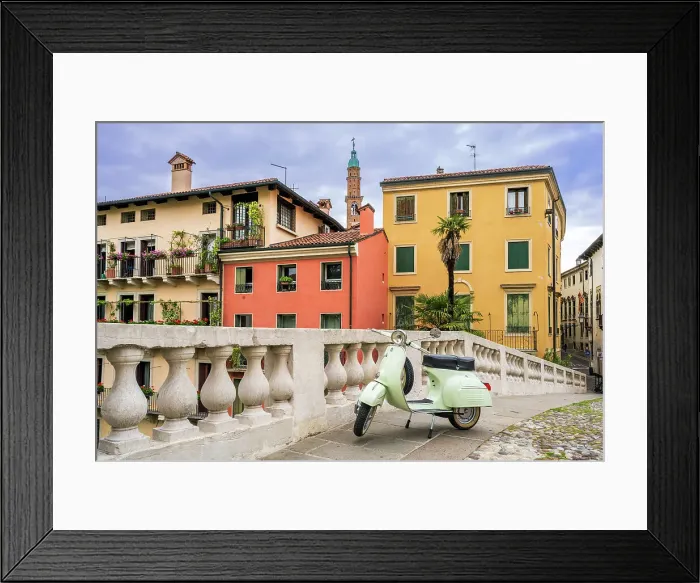 Framed Print : Piaggio Vespa scooter parked in the old town, Vicenza, Veneto, Italy Framed Print : Piaggio Vespa scooter parked in the old town, Vicenza, Veneto, Italy
